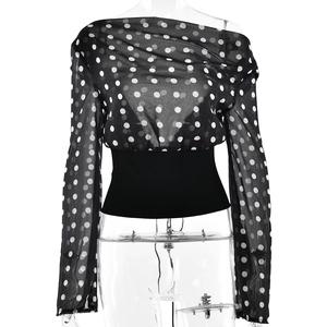 Polka dot mesh chiffon blouse with off-shoulder design and wide waist cincher