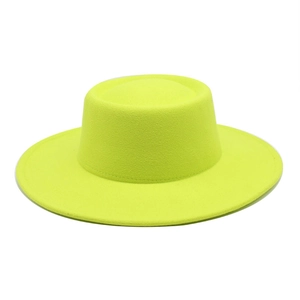 Detailed close-up of neon yellow felt flat top hat showing fine stitching and wide brim