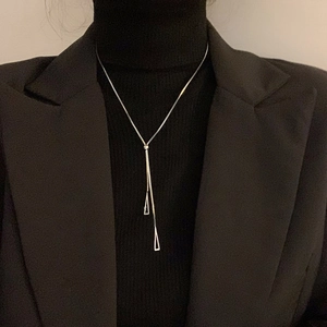 Minimalist silver butterfly Y-shaped tassel necklace with geometric triangle charms