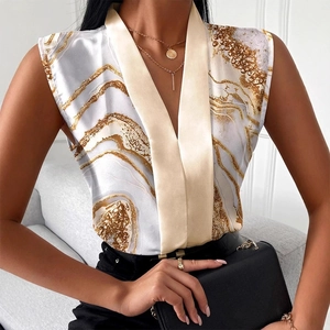 Women's V-neck sleeveless blouse with white gold marble print and satin neckline