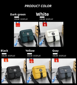 Detailed grid view of nylon crossbody bags in five colors with functional buckles