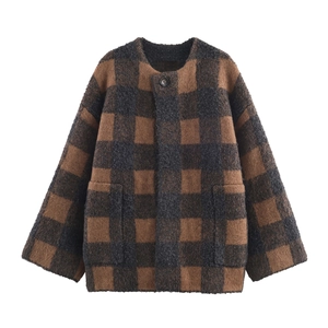 Vintage Plaid Knit Cardigan Coat Round Neck Button Front Long Sleeve Pockets Streetwear Women