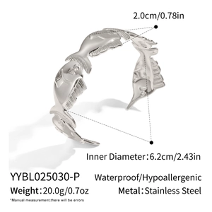 Detailed dimensions of silver fish motif open cuff bracelet in stainless steel