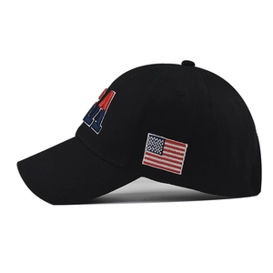 Black cotton USA baseball cap with premium embroidery and American flag side patch