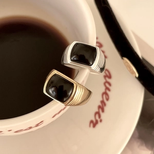 Retro 925 Sterling Silver Adjustable Ring Rectangle Natural Black Agate Stone Geometric Punk Minimalist Jewelry Unisex