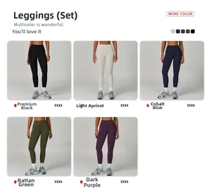 Dettaglio di leggings da yoga a vita alta mostrati in nero, beige, blu, verde e viola