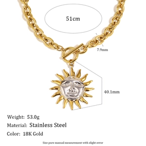 18K gold plated stainless steel O-chain necklace with sun face pendant and dimensions