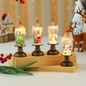 LED Christmas candle lanterns set with Santa, Tree and Snowman on wooden steps