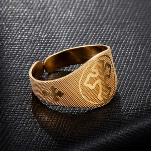 Vintage 18K gold plated stainless steel cross ring with embossed pattern and textured finish