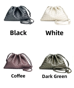 Collage of leather woven drawstring bags in black, white, brown, and dark green