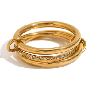 Polished 18K gold plated stainless steel four-layer ring with sparkling zircon stones
