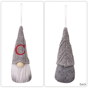 Detailed front and back view of a grey knitted Christmas gnome ornament with red letter C