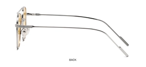 Side view of silver metal pilot sunglasses featuring transparent orange lenses and nose pads