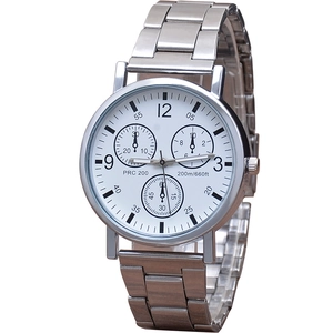 Classic silver steel quartz watch for men with white three-eye dial and 200m water resistance