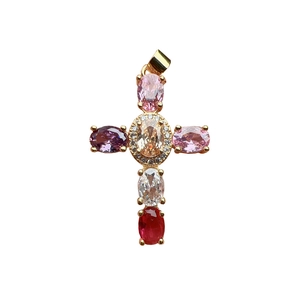 Colorful zircon cross pendant with gold plating and multicolor oval gemstones on white background