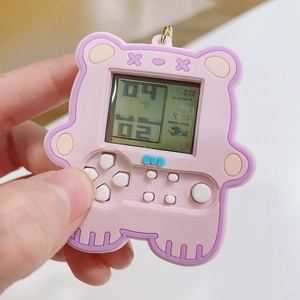 Pink bear mini handheld game console keychain with LCD screen and functional buttons