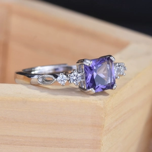 Minimalist square purple crystal ring with silver band and side diamond accents