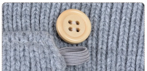 Close-up of grey knit winter hat featuring thick texture and a natural wooden button detail
