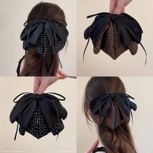 Large Bowknot Hair Claw Clip Acrylic Satin Cloth Layered Leopard Print Sweet French Headwear For Women