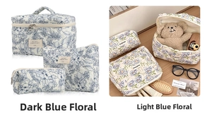 Three-piece quilted floral makeup bag set in dark and light blue cotton patterns