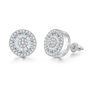 Close-up of silver round hip hop stud earrings with micro-paved zircons and screw back