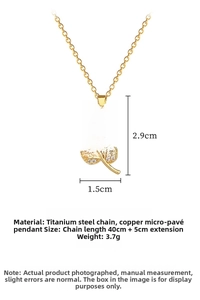 Detailed specs of sunflower necklace in gold titanium steel with cubic zirconia stones