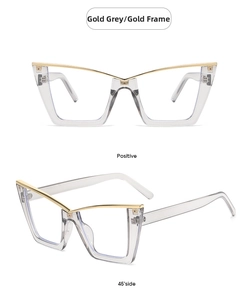 Front and 45-degree angle view of modern cat-eye glasses in transparent gold grey frame