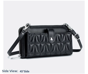 Side view of black quilted leather phone crossbody bag with silver metal zippers