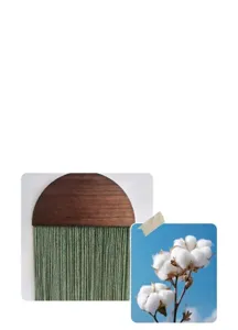Dettaglio di decorazione murale boho con legno color noce e intreccio in cotone verde