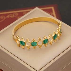 Vintage emerald stainless steel bangle with gold hexagonal honeycomb malachite texture