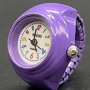 Minimalist purple quartz ring watch with colorful numbers on white dial and metal strap