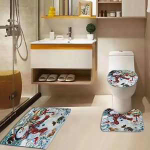 Three-piece Christmas snowman bathroom rug set including mat and toilet lid cover