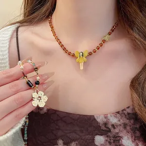 Handmade Beaded Necklace Resin Glass Beads Fairy Elf Flower Pendant Retro Boho Sweet Jewelry For Women
