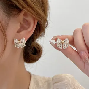 Bow Stud Earrings With Rhinestone Faux Artificial Pearl Alloy And 925 Sterling Silver Earring Post Elegant French Style For Women