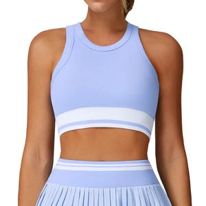 Light blue seamless yoga set with ribbed vest and pleated skirt for tennis and fitness
