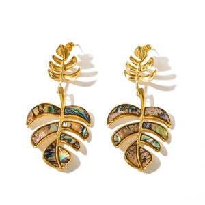 Monstera leaf earrings in 18K gold stainless steel with colorful abalone shell inlays