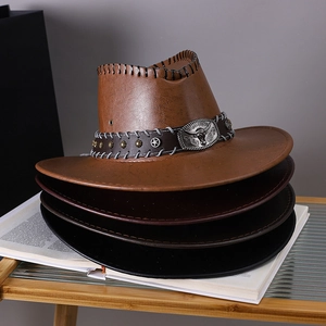 Stack of vintage leather cowboy hats with metal bull head buckle and stitched detailing