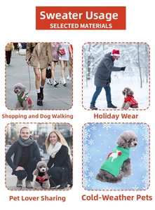 Detail view of knitted dog sweater with Christmas reindeer and snowflake patterns in use