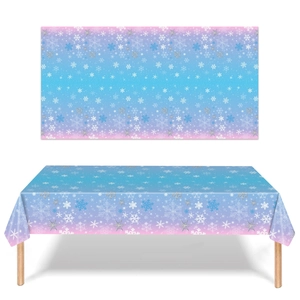 Blue and purple snowflake party tablecloth with a matching winter theme backdrop banner