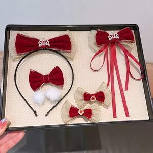 Children's New Year velvet bow hair clips and crown headband gift set in festive red