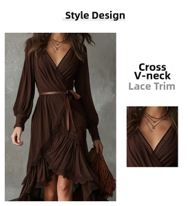 Detail of dark brown V-neck dress featuring delicate lace trim and bohemian ruffle layers