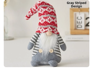 Detail of gray striped Christmas gnome with white faux fur beard and wooden button decor