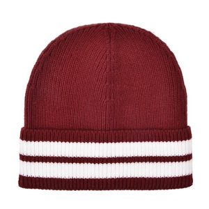 Thick wool knit beanie in burgundy with white stripes for a warm winter look