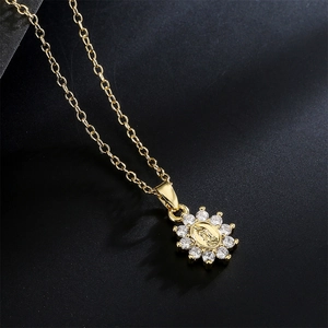 Exquisite gold Virgin Mary sunflower pendant necklace with paved cubic zirconia stones