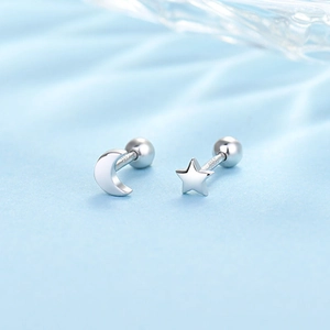 Macro shot of silver S925 sterling silver moon and star screw-back stud earrings