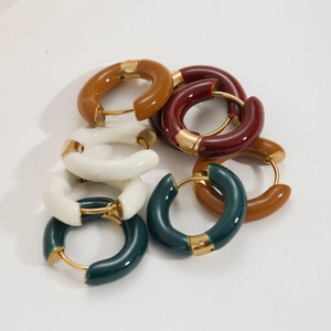 French style wide enamel hoop earrings in caramel, burgundy, cream and green