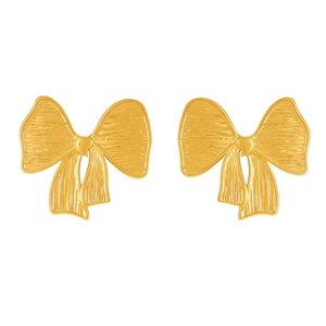 Golden brushed stainless steel bow stud earrings with PVD plating on white background