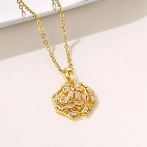 18K gold-plated hollow rose flower pendant necklace with sparkling zircon crystals