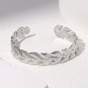 Polished stainless steel leaf-shaped open cuff bracelet in minimalist silver finish