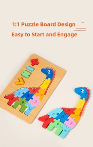 Detail of wooden dinosaur puzzle with colorful numbered pieces on a 1:1 matching base